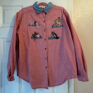 Casey & Max Vintage Gingham Button Down Shirt with Embroidered Cats